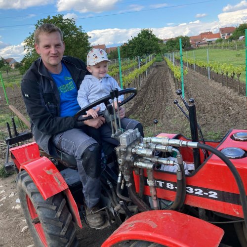 Vinař Miloš Rozbořil na traktoru s dítětem