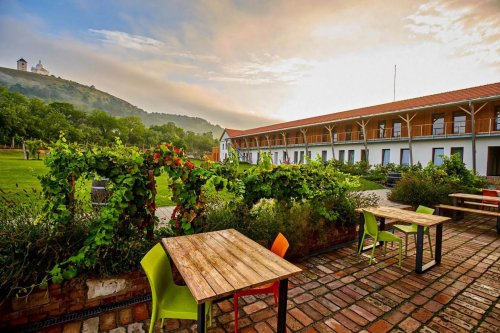 Hotel Ryzlink vznikl rekonstrukcí bývalé sýpky a mlékárny Hotel Ryzlink a pohled na Svatý kopeček v Mikulově