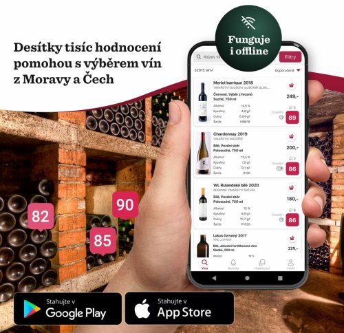 Aplikace pro hodnocení vín z Moravy a Čech funguje i offline - třeba u vinaře ve sklepě. Aplikace pro hodnocení vín z Moravy a Čech už můžete mít v mobilu i vy. Funguje verze pro Androind i iOS. Na fotce obrázek mobilu s ukázkou aplikace.