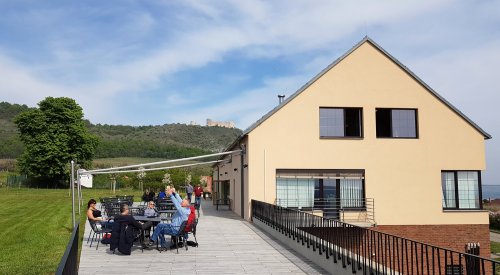 Pohled z ochozu terasy na budovu vinařství směrem k přístupové cestě Pohled z ochozu terasy na budovu vinařství směrem k přístupové cestě