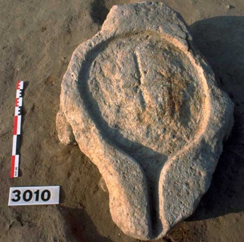 2 400 let starý kamenný lis na víno, který byl nalezen v přístavu Lattara, délka 105 cm. Foto © Patrick E. McGovern et al. 2013: Beginning of viniculture in France, Proceedings of the National Academy of Sciences 110(25).