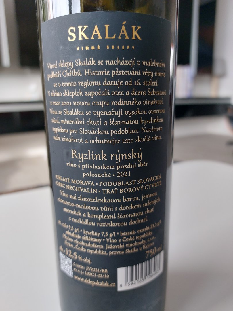 Lahev vína Ryzlink rýnský 2021, pozdní sběr (polosuché)