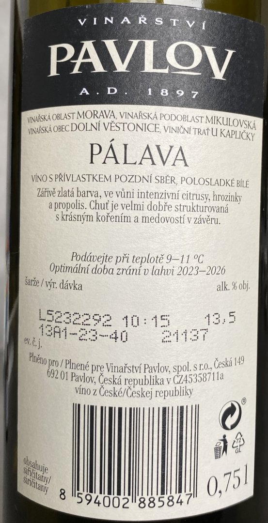 Lahev vína Pálava 2021, pozdní sběr (polosladké)