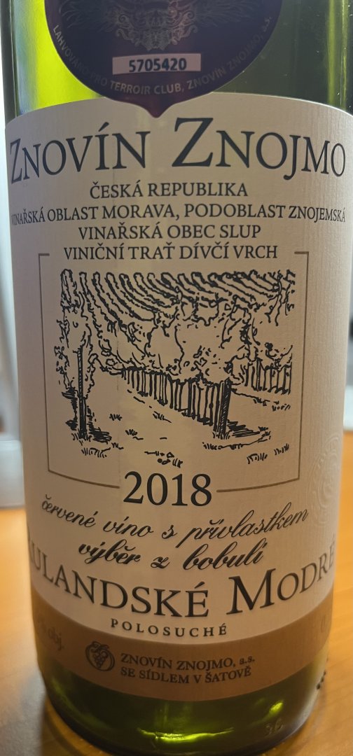 Lahev vína Rulandské modré 2018, výběr z bobulí (polosuché)