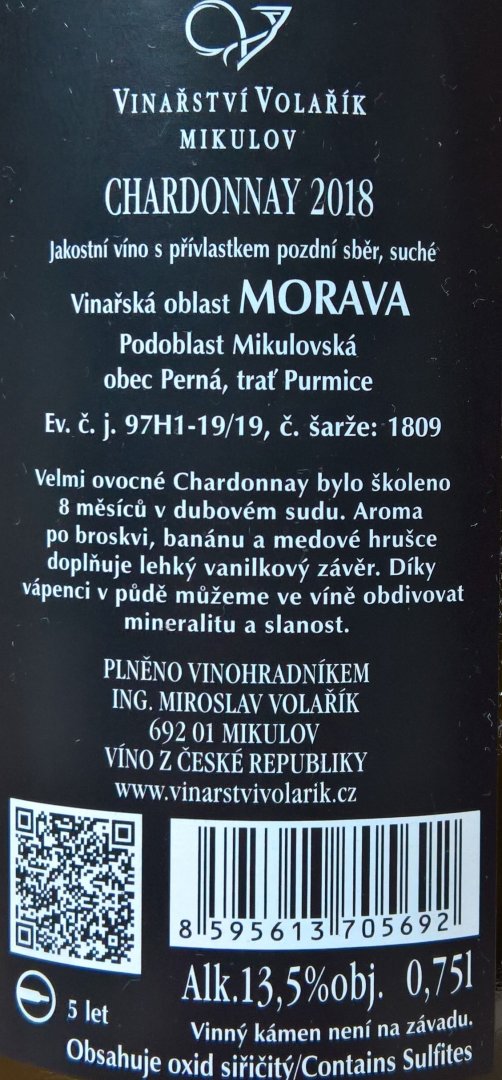Lahev vína Chardonnay 2018, pozdní sběr (suché)