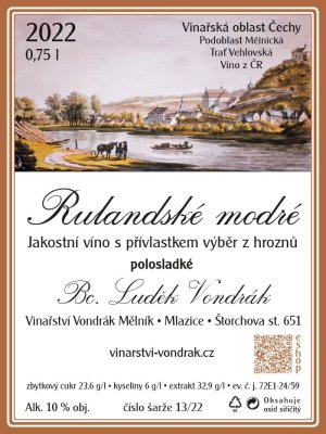 Lahev vína Rulandské modré 2022, výběr z hroznů (polosladké)