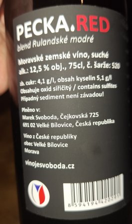 Lahev vína Pecka. RED, moravské zemské víno (suché)