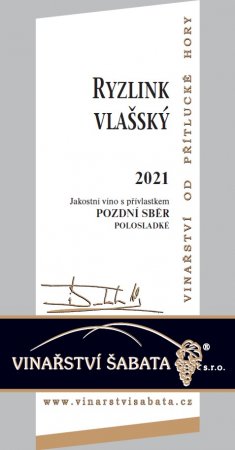 Lahev vína Ryzlink vlašský 2021, pozdní sběr (polosladké)