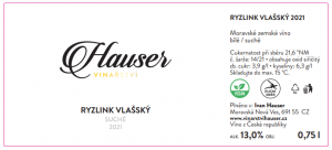 Lahev vína Ryzlink vlašský 2021, zemské víno (suché)